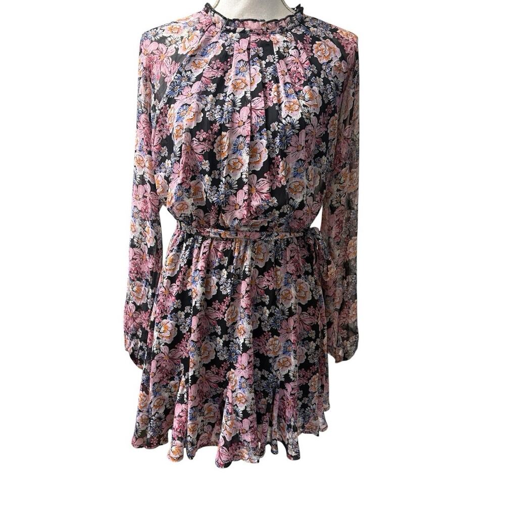 Trixxi Women's Size Large Black Floral Belted Long Sleeve High Collar Mini Dress